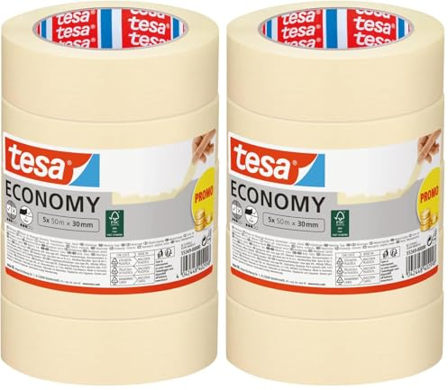 tesa Malerband ECONOMY - Vielseitiges Klebeband für Malerarbeiten ohne Lösungsmittel - Bis zu 4 Tage nach Gebrauch rückstandslos entfernbar, 5x 50 m x 30 mm (Packung mit 2)