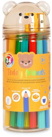 Legami - Lot de 24 crayons de couleur avec taille-crayon Teddy Friends, crayons de couleur, en forme d'ours, résistants, sans bois, couleurs vives, récipient en PET réutilisable