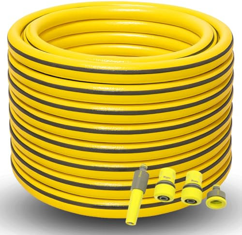 Gartenschlauch 3/4 Zoll 20m 30m 50m – grün oder gelb – optional mit Adapter Set – flexibel UV-beständig knickfest für Garten, Bewässerung, Auto, Haushalt (Gelb, 50m mit Adapter)