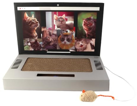 Enwye Laptopförmiges Katzenkratzkissen Mit Plüschmaus Aus Alter Zeit. Robuste Wellpappe. Faltbares, Platzsparendes Design. Kontrollieren Sie Den Kratzdruck.