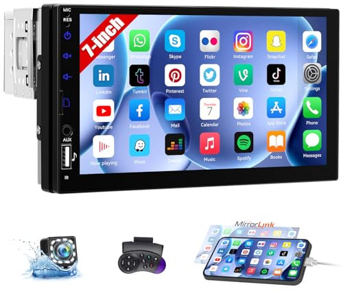 CAMECHO Autoradio Bluetooth 1 Din avec Caméra de Recul, Écran Tactile 7 Pouces Radio de Voiture avec FM Mirror Link Commandes au Volant EQ-Ton AUX USB + Éclairage des Touches