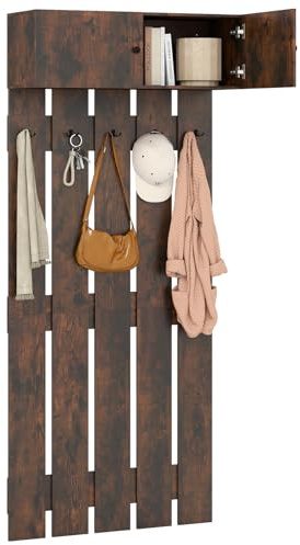 GIANTEX Wandgarderobe, Garderobenpaneel mit 2-türigem Schrank & 5 Metallhaken, Platzsparendes Garderobe holz, Wandmontiertes Hutablage für Flur, Eingangbereich & Badezimmer (Kaffee)