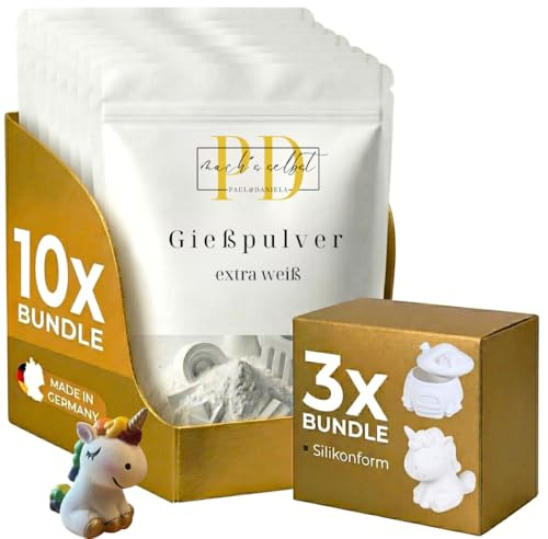 PD mach's selbst PAUL & DANIELA Reliefgießpulver Weiß Starterset | 10x 500g (5kg) Gießpulver zum Gießen inkl. Silikonform Feenhaus, Einhorn & Anleitung | Ungiftig, Geruchlos, Hochweiß & Detailgenau