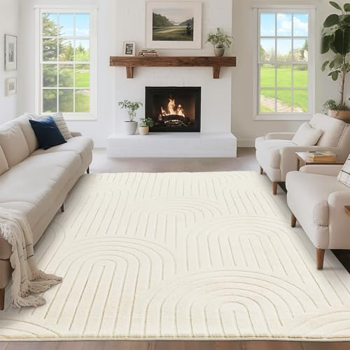 Puremy Wohnzimmerteppich Kurzflor mit 3D Hoch-Tief-Effekt, 200x280cm, Beige | Teppich für Schlafzimmer Kinderzimmer mit Hoch-Tief-Effekt, hohe Flordichte und angenehm weich, Moderner Bogenförmiges Design