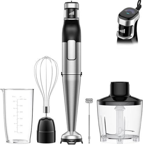 BESROY Batidora de Mano 5 en 1 1100W, Batidora Eléctrica con Velocidad Regulable, Acabado en Acero Inoxidable, con Picadora, Espumador de Leche, Varilla y Vaso Medidor, Ideal para Smoothies, Salsa