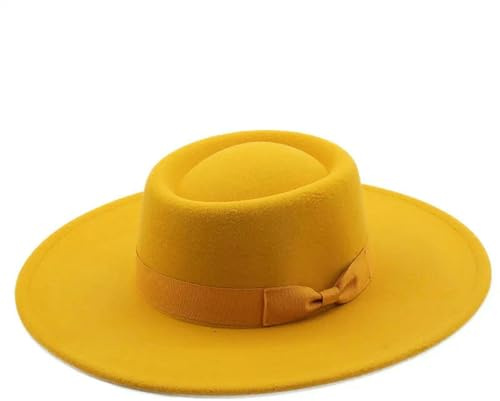 LUYYBDBG Wintermütze 9,5 cm Breite Krempe, Schlichter Schwarzer Flacher Hut, Bootsfahrer-Damen-Fedora-filzhüte Mit Schleife, Vintage-Panama-Kappe Für Kirche Und Hochzeit-gelb