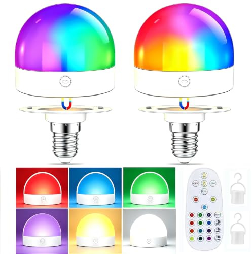 Lamptobe Aufladbare E14 Glühbirne mit Batterie, 1,5W LED Wiederaufladbare Akku Glühbirne mit Fernbedienung, 15 Farben Dimmbare, Timer, 2000 mAh, Notlicht Mit Magnetische, 2 Pack