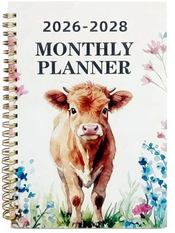 Monatsplaner Kalender 2026-2028, Hochlandkuh Muster, 21 x 14 cm, Spiralbindung, Notizbuch mit Wochen- und Monatsplanung, 36 Monate für Schule, Büro und Heimplanung