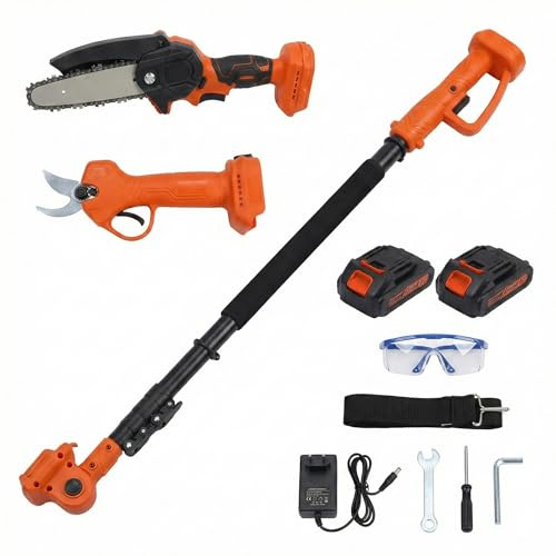 Kit de Poda a Batería con Motosierra, Tijeras Eléctricas y Pértiga Telescópica de 263cm, Incluye 2 Baterías, Cargador y Gafas, para Poda en Altura