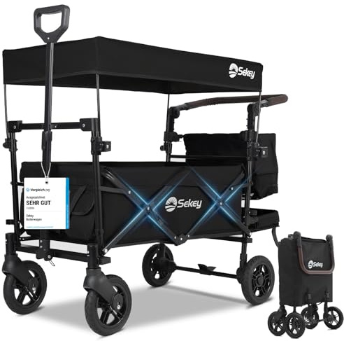Sekey Bollerwagen Faltbar mit Dach SS5050, Kinderwagen für 1-2 Kinder | Klappbarer Handwagen mit PU-Rädern (Ø 19 cm) mit Bremse, Transportwagen mit Schiebe- und Ziehgriff, Dunkelschwarz
