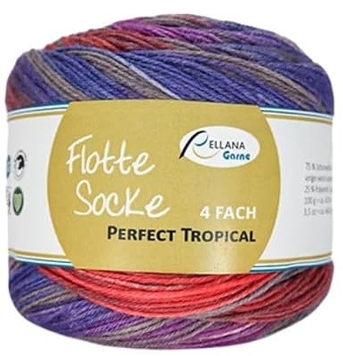 Rellana Flotte Socke 4-fach Pairfect Tropical, Sockenwolle mit Farbverlauf | Zwei gleiche Socken stricken, mit Trennfaden, 100g, 420m