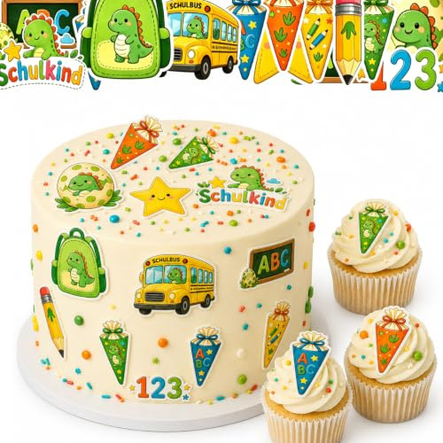 ENLACE 48 Stück Esspapier Dino Tortendeko Einschulung Junge Mädchen | Essbare Kuchen Deko Einschulung Cupcake Topper,Dino Tortendeko Schulanfang,Schulkind Muffin Deko Essbar zum Schulstart 2026