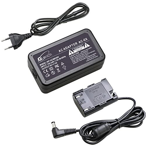 Glorich ACK-E6 pour AC Adaptateur pour Appareil Photo numérique Canon EOS 5DS, 5DS R, 5D Mark II, 5D Mark Ⅲ, 5D Mark IV, 60D, 6D, 6D Mark II, 70D, 7D, 7D Mark II, 80D, 90D, EOS R, R5, R6 Full-décodé