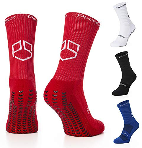 PremSox Football Grip Socks Non Slip Sports Sock featuring Anti-Skid Rubber Pads inside and out Low Mid-Calf Non Slip Cushion Crew Team for Running, Rugby, Basketball, Fitness Red UK 6 to 11