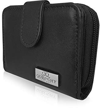 Quenchy London Portefeuille en Cuir pour Femme avec 3 Pièces de Monnaie et 6 Compartiments pour Cartes Intérieur en Microfibre 12 cm x9 x2 Noir, Blocage RFID Petit Porte-Monnaie QL220