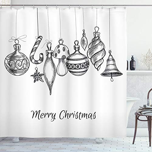 ABAKUHAUS Weihnachten Duschvorhang, Flüchtiges Ornament, Stoffliches Gewebe Badezimmerdekorationsset mit Haken, 175 x 200 cm, Weiß Schwarz