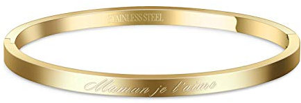 AURSTORE® Bracelet Jonc Fin en Acier Inoxydable 316L avec Message Maman Je t'aime Largeur 4 mm Couleurs au Choix (Doré)