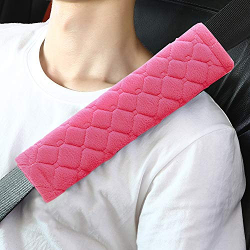 Auto Gurtpolster, Sicherheitsgurt Schulterpolster Komfortgurtpolster für Sicherheitsgurte Cover Soft Plush Furry Grid Gepäck für Erwachsene Kinder Reise Sicherheitsgurtbezüge, 2 Stück Rosa