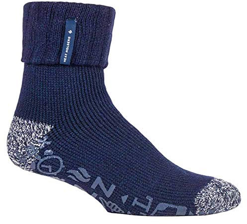 HEAT HOLDERS - Mens Turnover Warm Thermal Fleece Lined Bed Socks with Non Slip Rubber Grips (6-11 UK, Navy Blue (Whittaker))