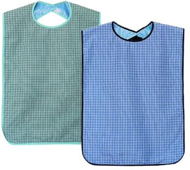 Wasserdicht Erwachsenen Lätzchen 2er Set- Waschbar Wiederverwendbare Mealtime Lätzchen Kleiderschutz mit Krümelfach und Klettverschluss für ältere Männer Frauen Senioren(Kein Krümelfach(Gitter))