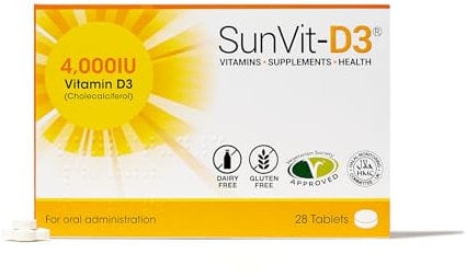 SunVit-D3 Vitamin D3 4000 IU Tablets | High Strength Vitamin D Tablets Supports Immune System, Bone, Teeth & Muscle Health | Gluten Free, Dairy Free | Vitamin D Supplements (28 Count)
