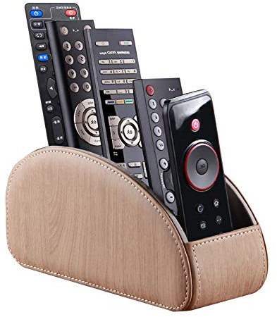 Ayunga PU Leather Remote Control Organizer Box with 5 Compartments - Desktop & Bedside Storage for TV Remotes,DVDs,Blu-ray,Glasses,Pens,Media Players Multi-Purpose Holder(Beech Wood)
