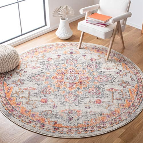 SAFAVIEH Boho Teppich für Wohnzimmer, Esszimmer, Schlafzimmer - Madison Collection, Kurzer Flor, Beige und Orange, 160 x 160 cm