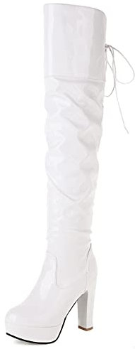 MJIASIAWA Donna Festa Prom Sopra Il Ginocchio Vernice Vestito Moda Plateau Tacco Alto Boots Serata Warm Thigh Thigh Stivali Arricciati Bianco Numero 35 EU