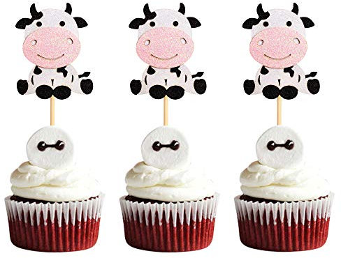 24er Pack Kuh Cupcake Topper Alles Gute zum Geburtstag Cupcake Dekorationen für Baby Shower Kuh Bauernhof Tier Zoo Themen Kinder Jungen Mädchen Geburtstag Party Supplies