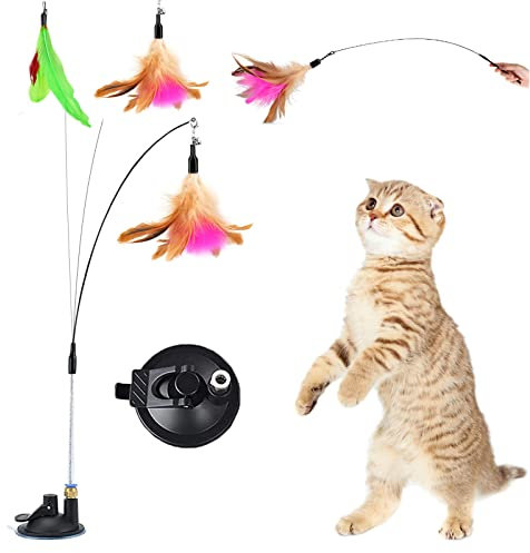 HELOVGE Katzen Glocken Zauberstab,3Pcs Interaktives Katzenspielzeug Federn,Katzen Spielzeug,Katzenangel Saugnapf,Katzenangel mit Federn und Glöckchen,Katzen Glocken Zauberstab