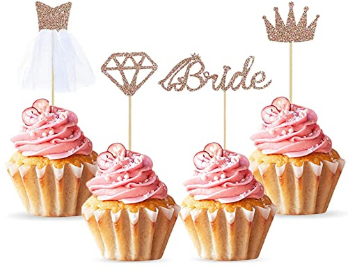 Bymivofun 24 Stück Glitter Braut Kuchendeckel, Bride Diamond Crown Hochzeitskleid Cupcake Topper, für Brautparty, Jungge sellinnenabschied, Bachelorette Party Supplies