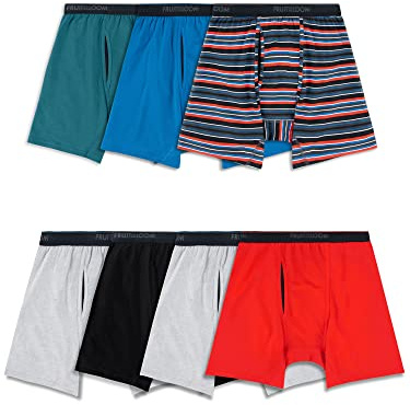 Fruit of the Loom Mens 360 Stretch Boxer Briefs (Quick Dry & Moisture Wicking), Regular Leg - Cotton Stretch - 7 Pack Red/Blue/Grey, 3XL