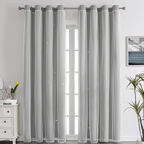 Nyescasa Verdunklungs Vorhänge Kinderzimmer Vorhang Doppellagige Gardienen mit Höhlen Sterne mit Voile Ösenschal für Wohnzimmer Schlafzimmer Mädchen Dekoschal 2er Set 214x132cm(H×B) Grau