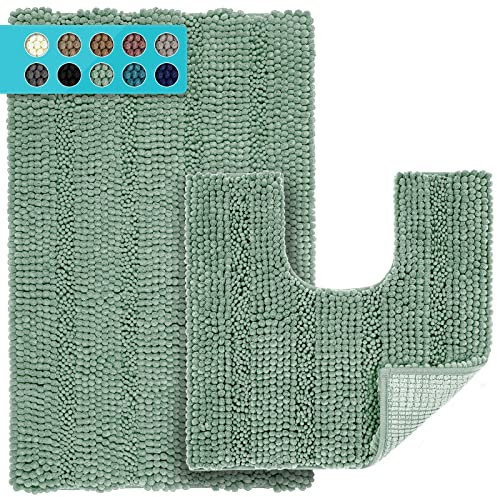 JARITTO Badezimmerteppich Set 2 Teilig rutschfest für Badewanne, Dusche und Badezimmer & Wc Vorleger mit Ausschnitt U-Förmige Waschbar Mikrofaser Saugfähig - 51 x 81 cm + 51 x 51 cm (Blassgrün)