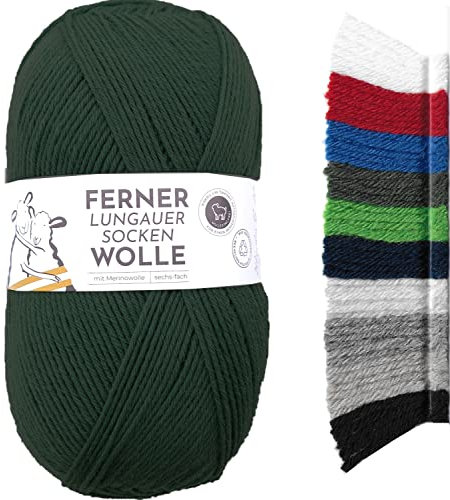 Ferner Wolle Lungauer Sockenwolle 6fach uni | mit Merinowolle mulesingfrei | Sockengarn 6-fädig einfarbig | dicke Strumpfwolle zum Stricken oder Häkeln | 150g 425m (LU6-17 lodengrün)