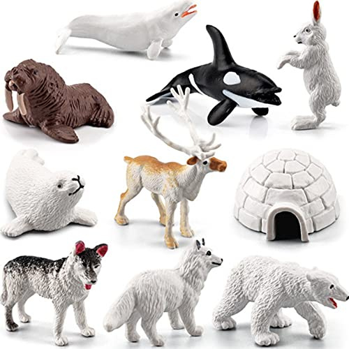 OUKEYI Mini Arctic Animals Figurines Set, 10pcs Mini Animals Toy, Realistic Plastic Reindeer White Whale Polar Bear Arctic Fox Wolf Figure Toy for Toddlers, Kids Birthday Gift
