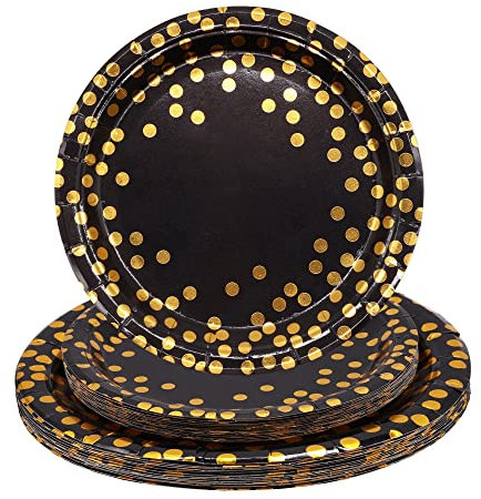 TOPWAYS Oro Negro Platos Desechables Cumpleaños, 18cm 23cm Desechables Papel Elegantes Platos Fiesta Vajilla para Decoración Cumpleaños Niño Hombre Mujer, Bodas Aniversarios Picnics 16pcs/Tamaño