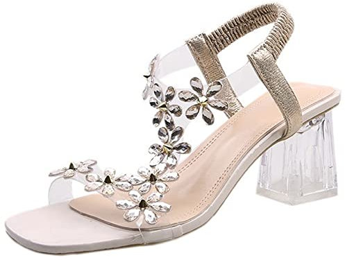 OALEEN Sandales Femme Eté Transparent Strass Talon Haut Sexy Bout Carré PVC Bride Arrière Soirée Chaussure Beige 34