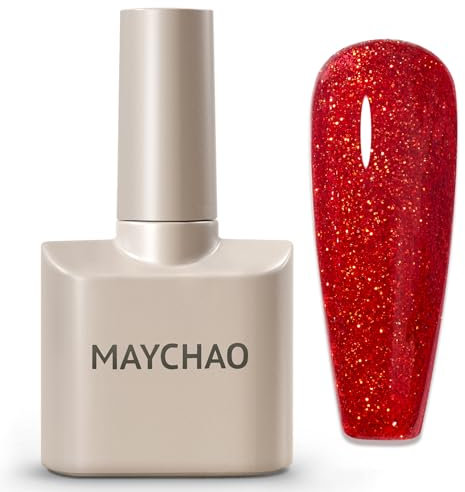 MAYCHAO Glitter Gel Nail Polish, 15ML Red Glitter Gel Nail Polish, Soak Off UV LED Red Shimmer Gel Polish Nail Art Starter Manicure Salon DIY at Home, 0.5 OZ