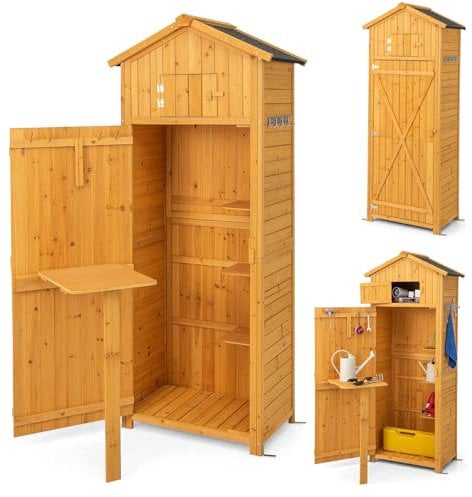 RELAX4LIFE Armadio da Esterno in Legno con Doppia Porta, Tavolino Pieghevole e Tetto Antipioggia in Asfalto - 65 x 42 x 180,5 cm, per Giardino, Patio e Cortile