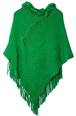 JFAN Strick Ponchos mit Damen Kapuze Cape Pullover Fransen Strickpullover Vielseitiger Kapuzen Schal Warm Coat Hoodie Grün One Size