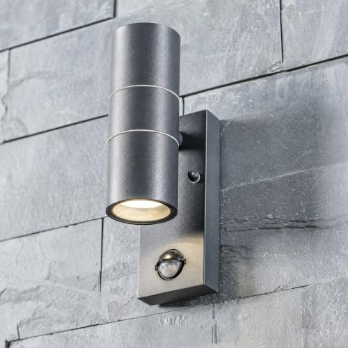 CGC Lighting Up Down Outside Outdoor Wall Light LED GU10 PIR Motion Sensor Waterproof Garden Patio Porch Lamp Security (Grey)