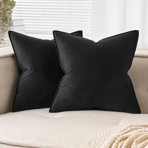 EMEMA Samt Kissenbezug Kissenhülle 50x50 cm Dekorative Sofakissen Dekokissen Umwickelte Kante 2er Set Kissenbezüge Zierkissenbezug für Sofa Wohnzimmer Schlafzimmer Schwarz
