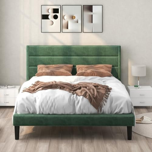 KnSam Polsterbett 140 x 200 cm, Bettgestell mit Lattenrost & Kopfteil, gepolstertes Doppelbett, Textilbezug Samt in Dunkelgrün, Zeitloses modernes Design, Jugendbett