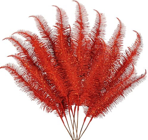Oairse 8 Pcs Christmas Tree Picks and Sprays Red Glitter Christmas Picks 28 Christmas Glitter Feathers Leaves Stems for Christmas Tree Filler Branches Wreaths Centerpieces Holiday Decorations