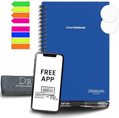 Dreiklang - be smart Wiederverwendbares Digitales elektronisches Notizbuch A 5 als Notebook mit Planer -iOS/Android App Cloud - Wiederbeschreibbar mit Stift, Mikrofaser-Tuch und Haftnotizen