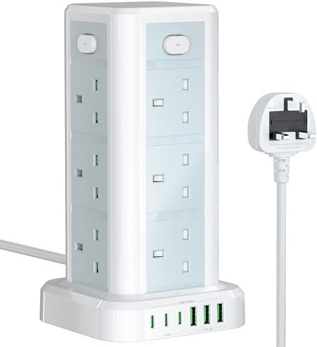 Tower Extension Lead with USB C Slots, Toomke 12 Way Plug Extension Socket Tower with 3 Type C and 3 USB A, Overload Protection Extension Tower with Switches, 1.8M Extension Cable for Home, Office