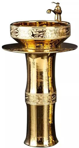 ZTGL Lavandino a Colonna da Bagno, Rotondo Lavabo Freestanding 40 x 40 x 82cm, Lavandino su Piedistallo per Bagni, Lusso Moderno Design Inciso a Mano, d'oro,Sink Only