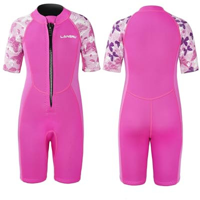 Lansru Combinaison courte en néoprène SCR pour enfants de 2 mm - Pour garçons et filles - Matériau plus sûr - Protection UV - Fermeture éclair à l'avant pour les cours de natation - Garde au chaud
