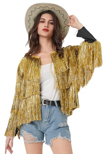 MISI CHAO Dünne Lametta-Jacke mit lockerer Passform, extra dichter, mehrlagiger Lametta-Mantel für Festival, Karneval, Gold, X-Large